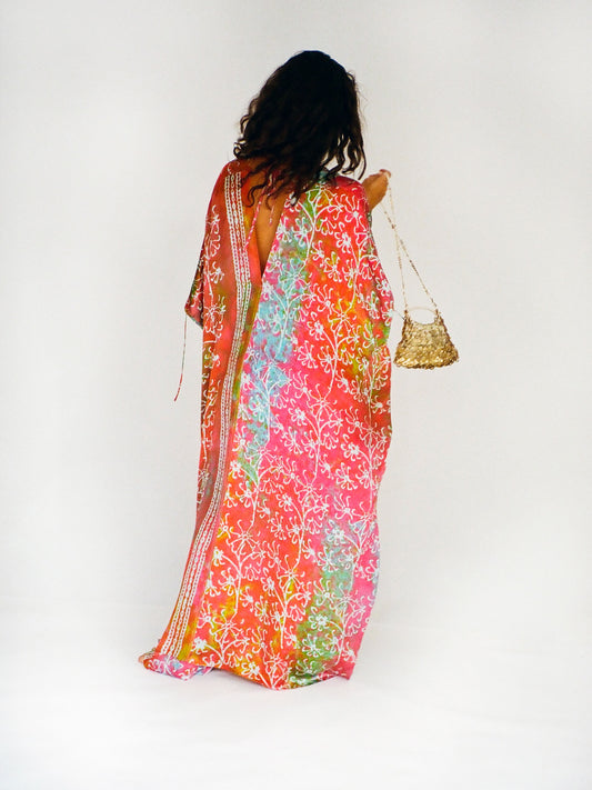 Multicolor hand printed large silk caftan with selvage detail