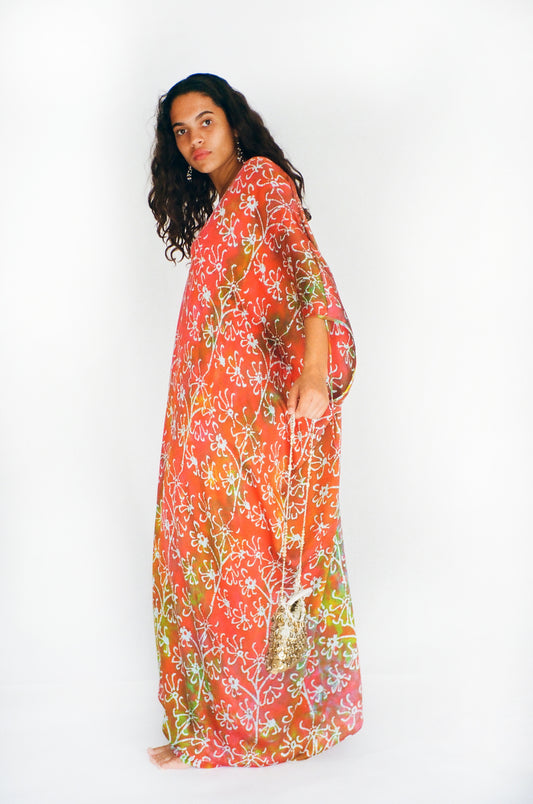 Multicolor hand printed large silk caftan with selvage detail