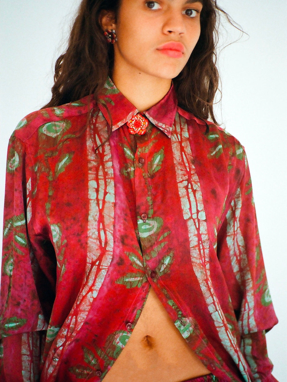 Hand printed silk shirt with large roses