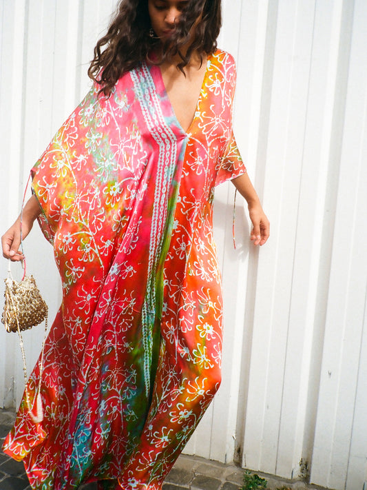 Multicolor hand printed large silk caftan with selvage detail