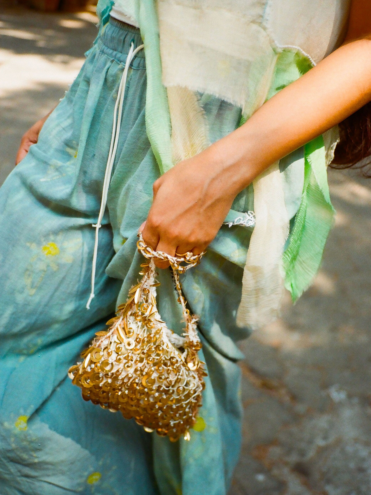 Golden brass hand embroidered mini bag, one of a kind