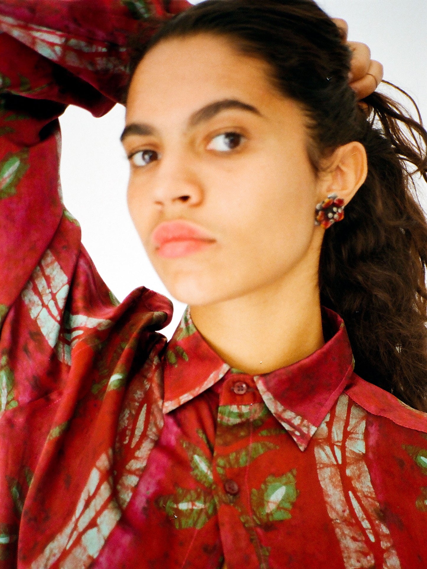 Silver & enamel red flower earrings