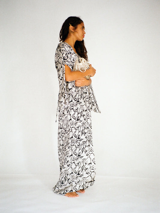 Wide open sleeve block printed silk satin robe