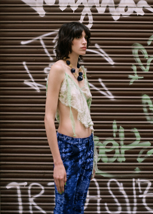 Free-cut marbled silk frill top with embroidery