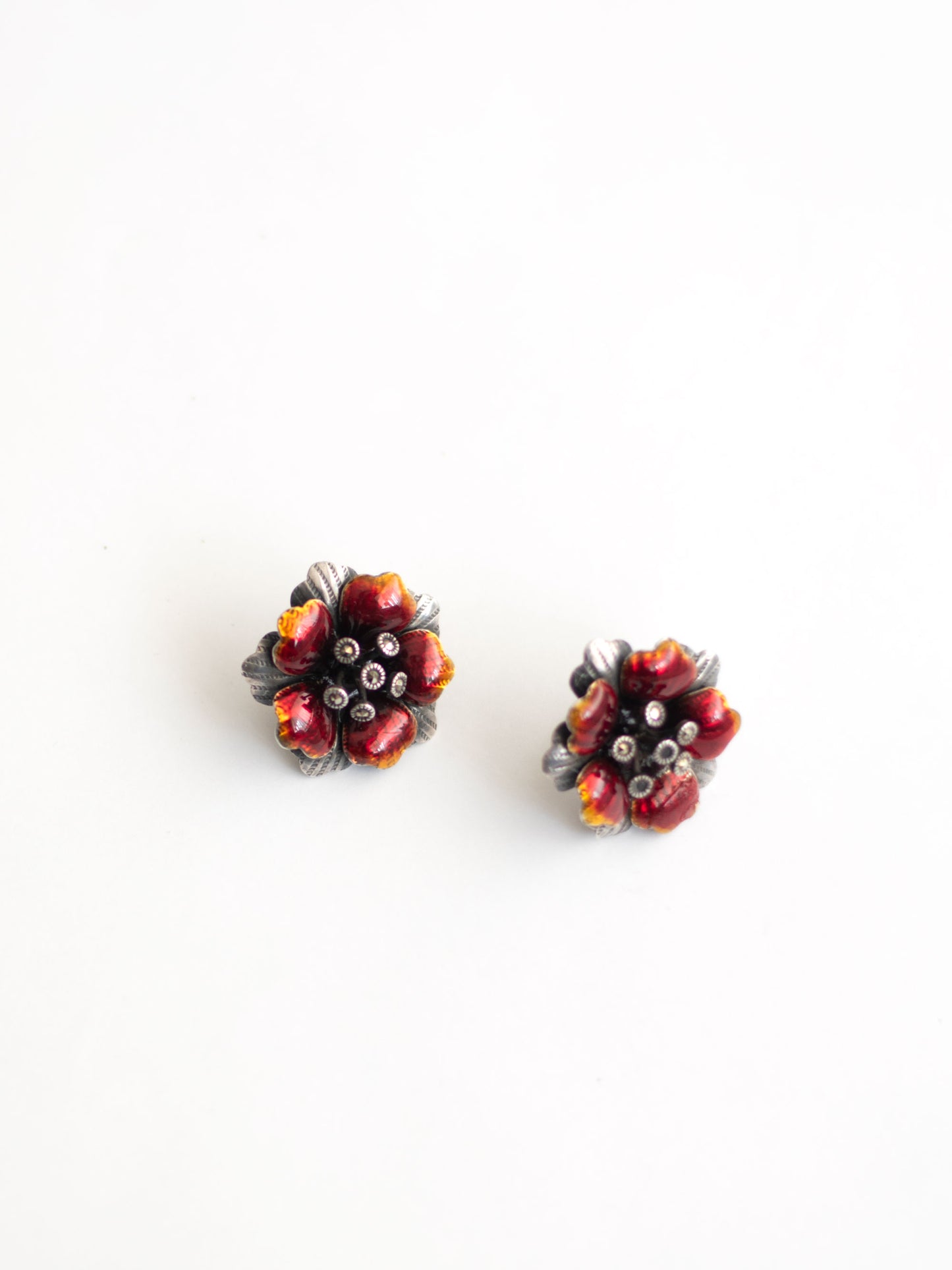 Silver & enamel red flower earrings