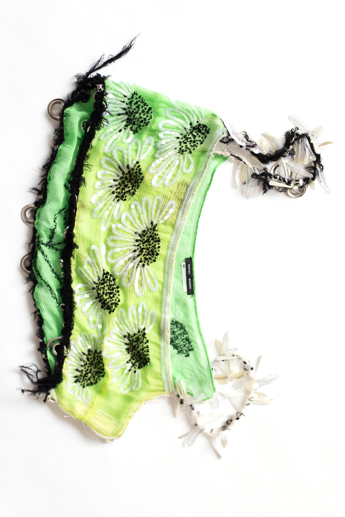 Acid green silk chiffon multi sequin flower embroidered brassière