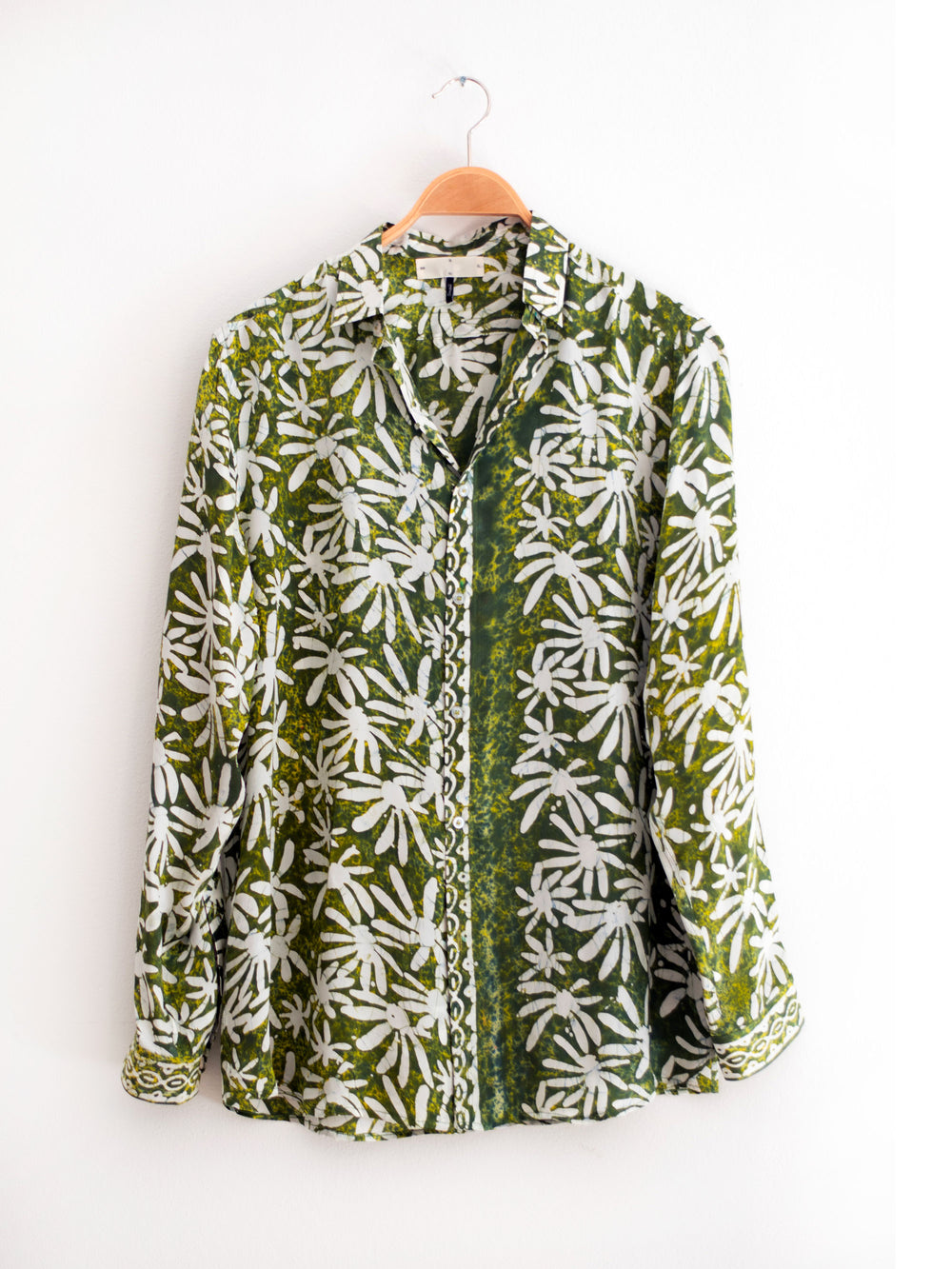 Hand printed silk shirt with selvage detail