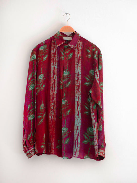 Hand printed silk shirt with large roses