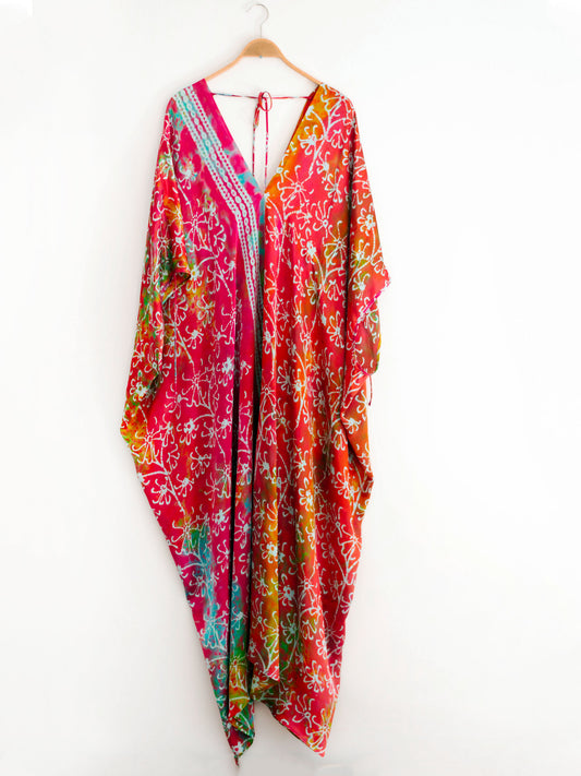 Multicolor hand printed large silk caftan with selvage detail