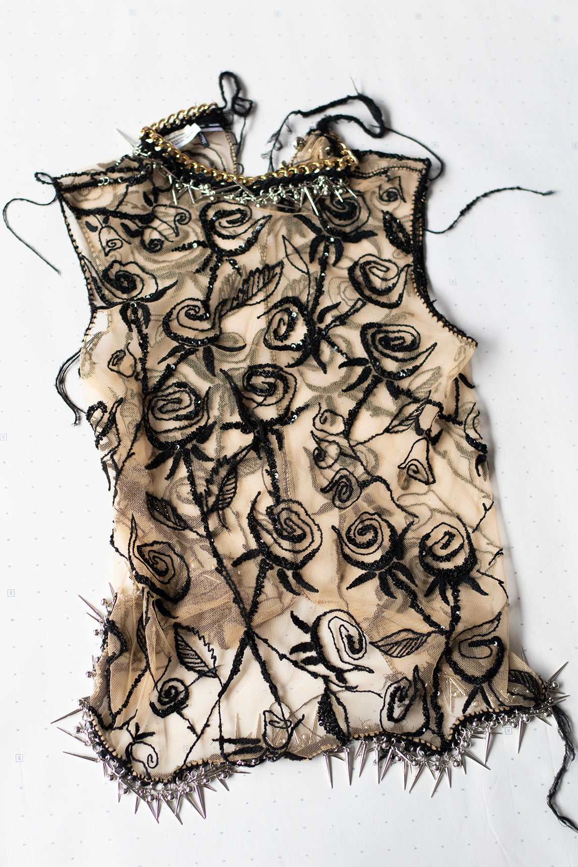Black Punk rose allover thread & sequin embroidered tulle top