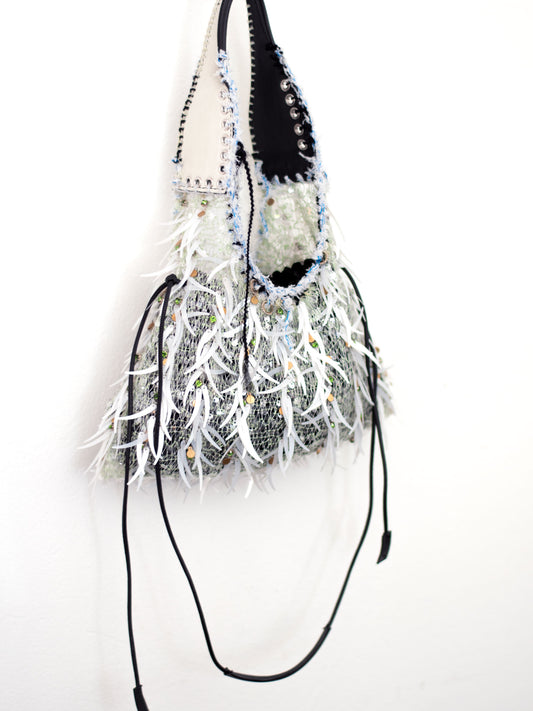 Hand embroidered sequin net "mouse" bag, one of a kind