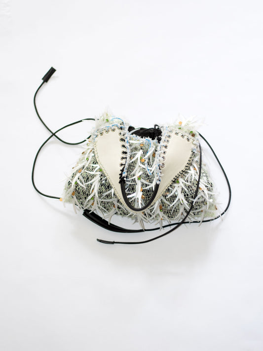 Hand embroidered sequin net "mouse" bag, one of a kind