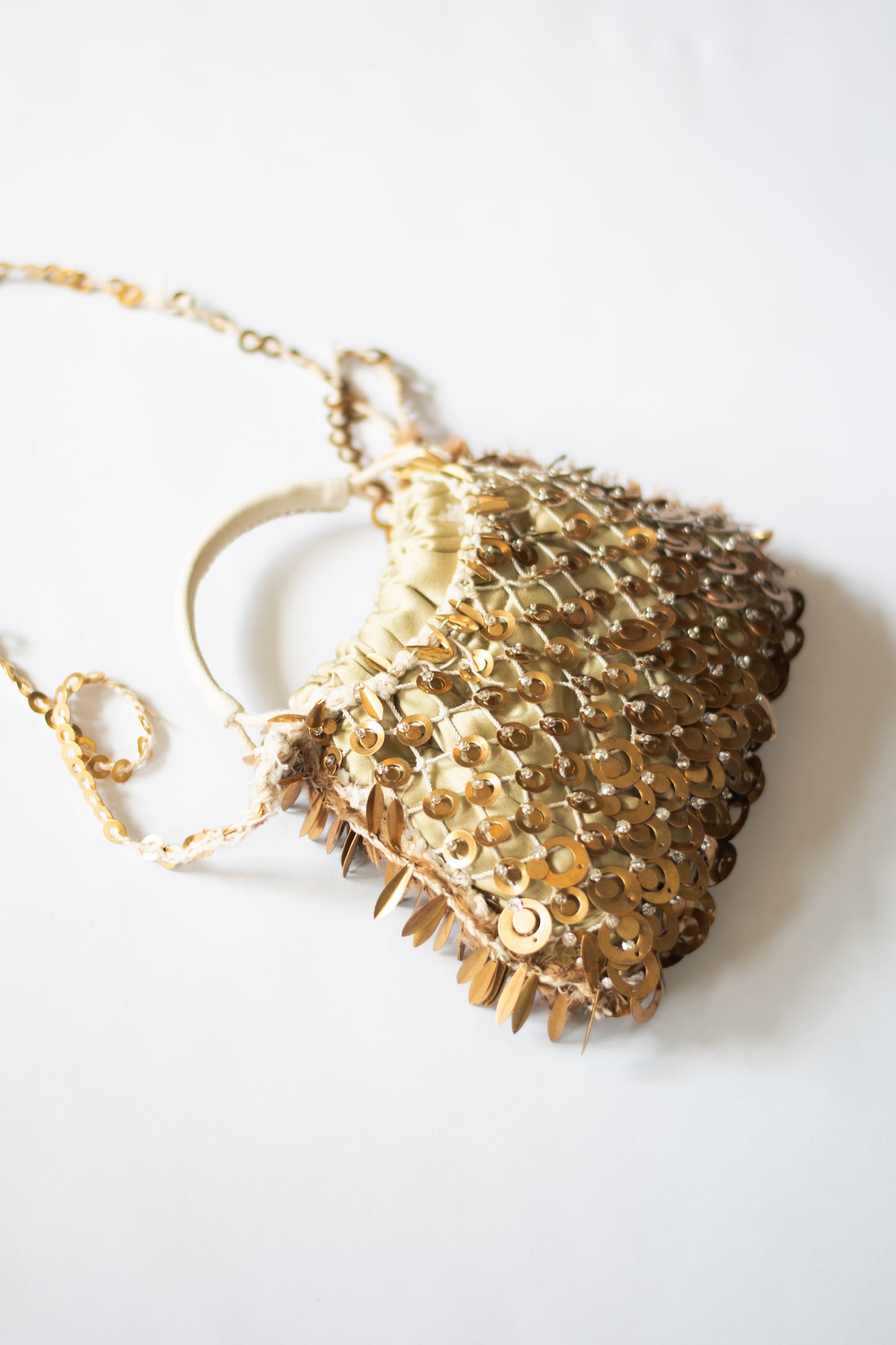 Golden brass hand embroidered mini bag, one of a kind