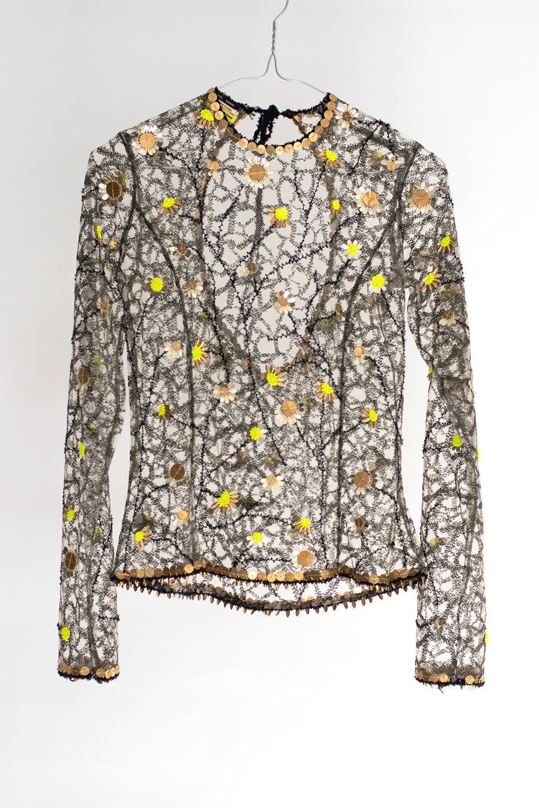 Fluo daisy glass bead and brass sequin embroidered top