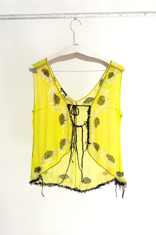 Acid yellow multi sequin embroidered silk chiffon gilet