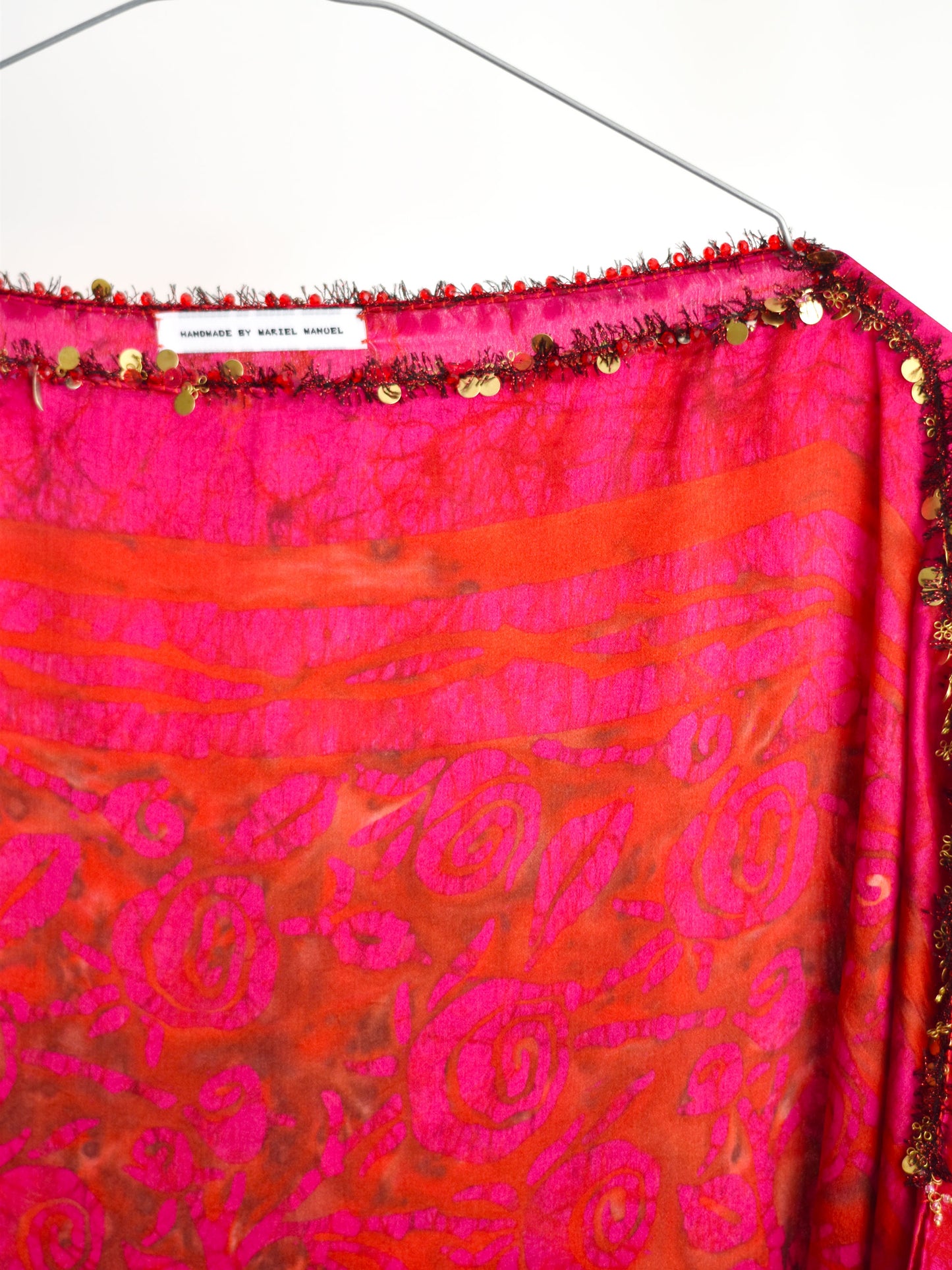 Double scarf red rose caftan with brass sequins