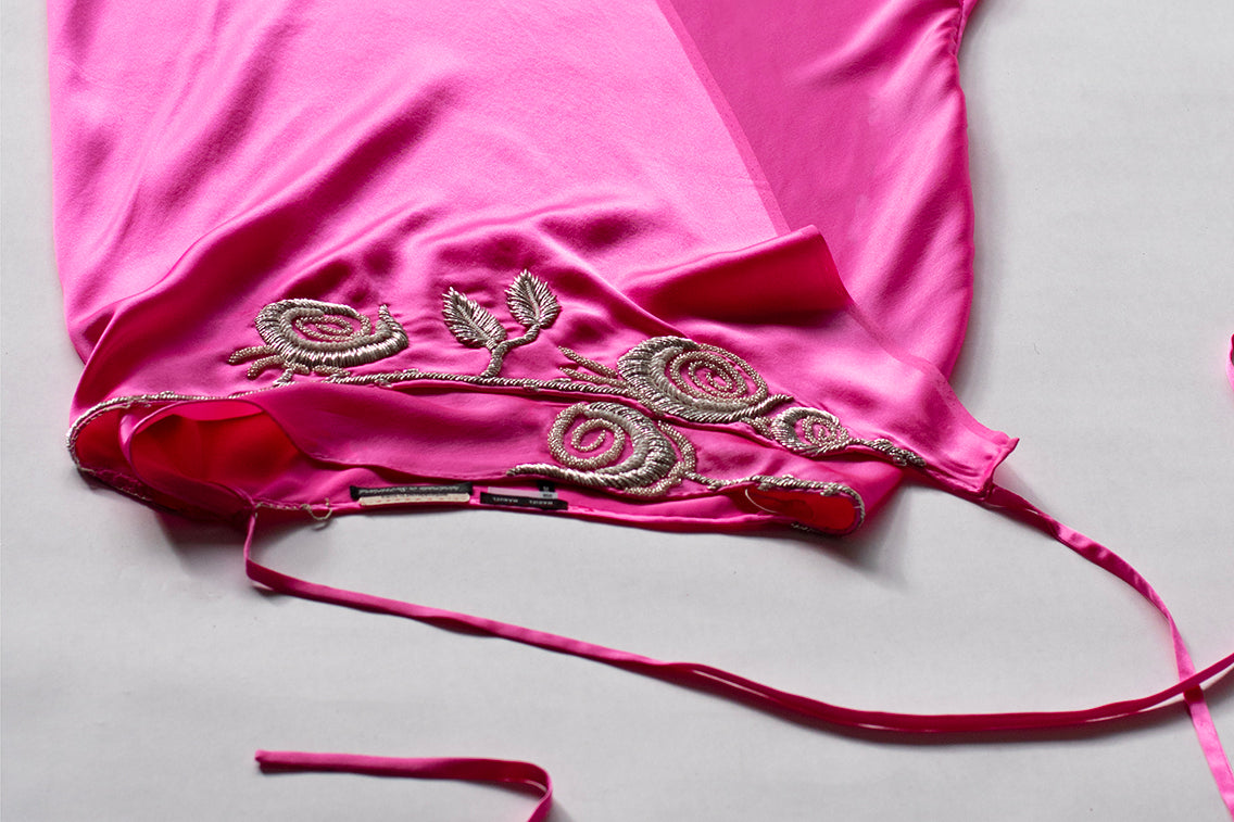 Neon pink silk satin wrap skirt with jewel rose embroidery