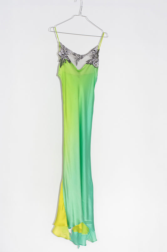 Acid green & yellow bias-cut dress with swiss lace inserts