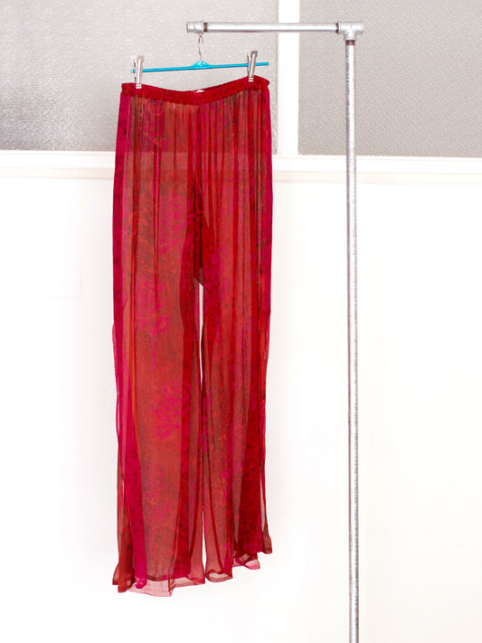 Red rose silk chiffon trousers