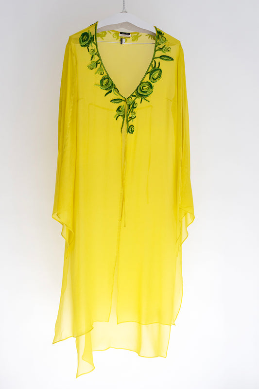 Yellow silk georgette jewel rose embroidered vest