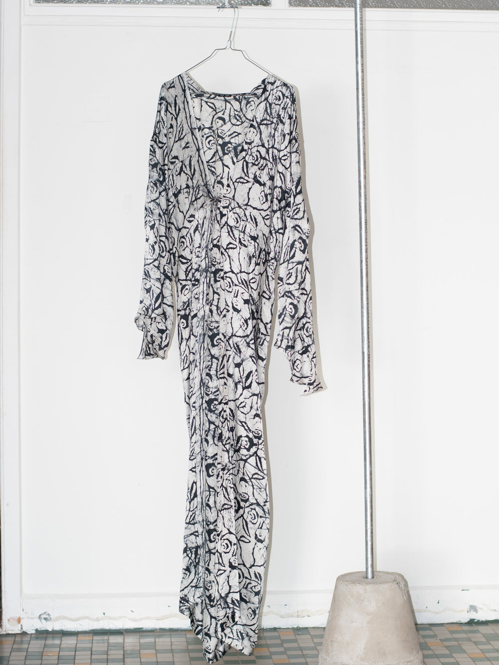 Wide open sleeve block printed silk satin robe