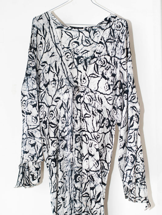 Wide open sleeve block printed silk satin robe