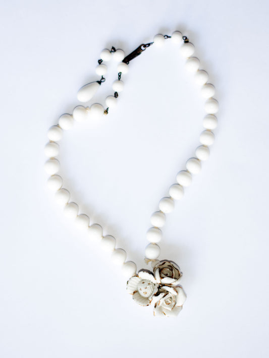 White enamel vintage rose necklace