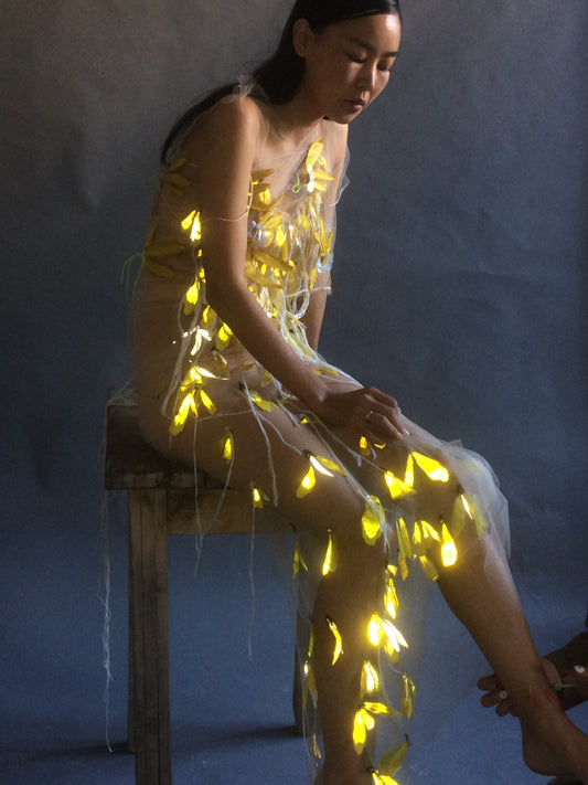 Yellow reflective flower hand embroidered dress