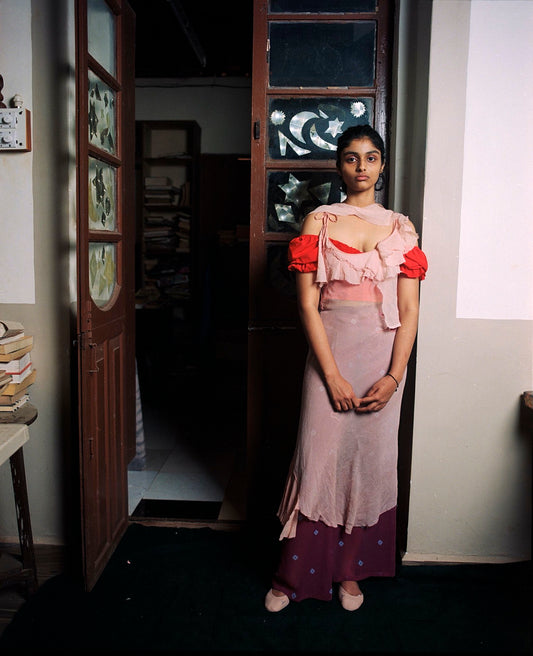 Bias-cut madder-dyed silk chiffon dress with Goddess Cow embroidery