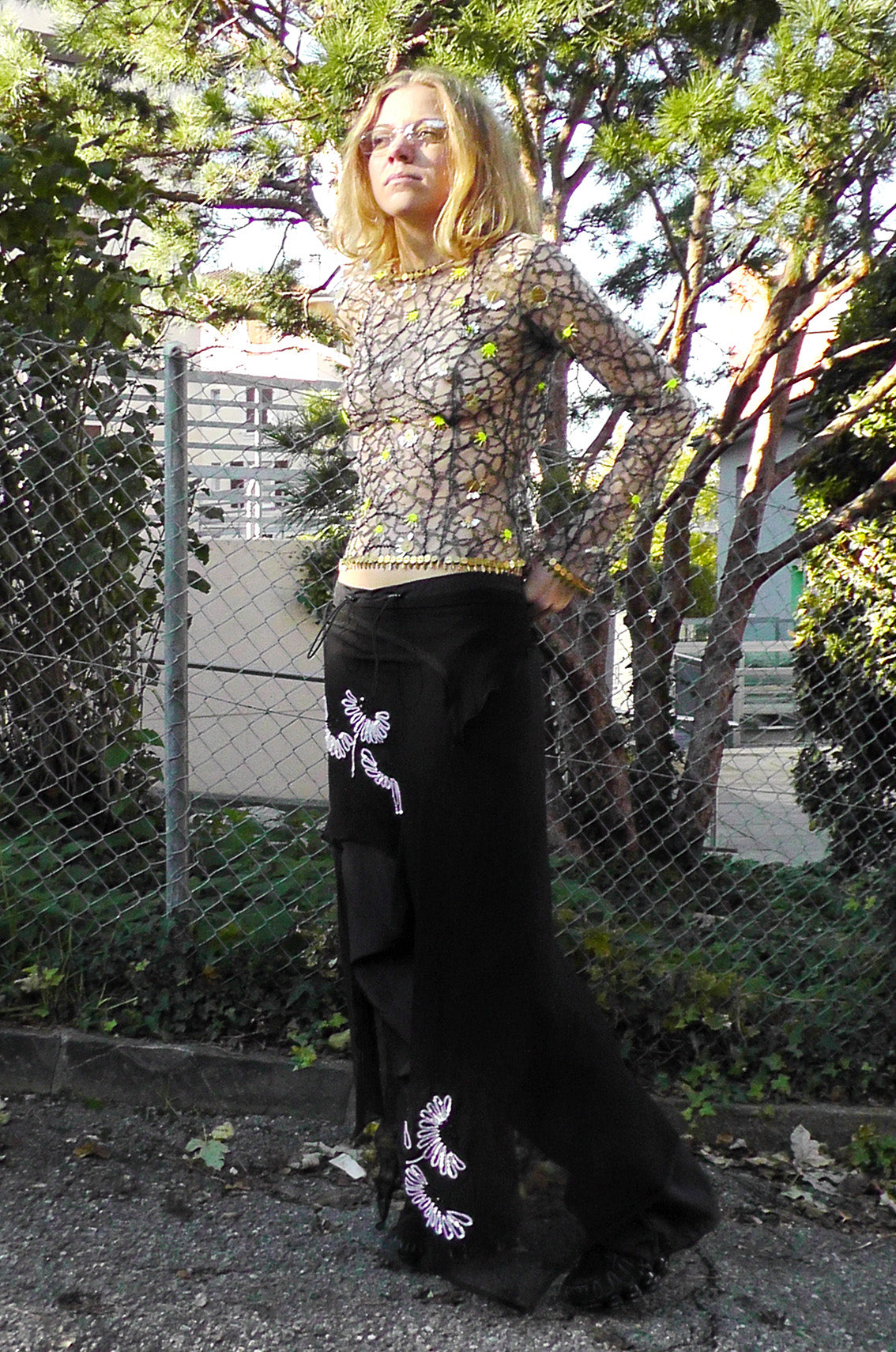 Muti sequin flower embroidered silk skirt