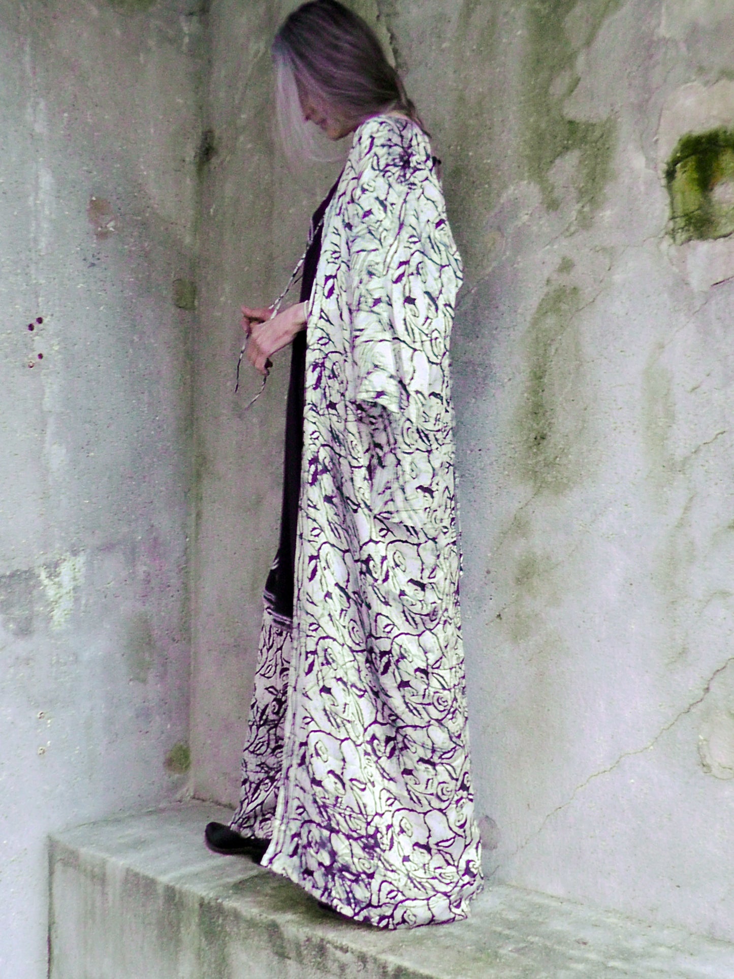 Wide open sleeve block printed silk satin robe