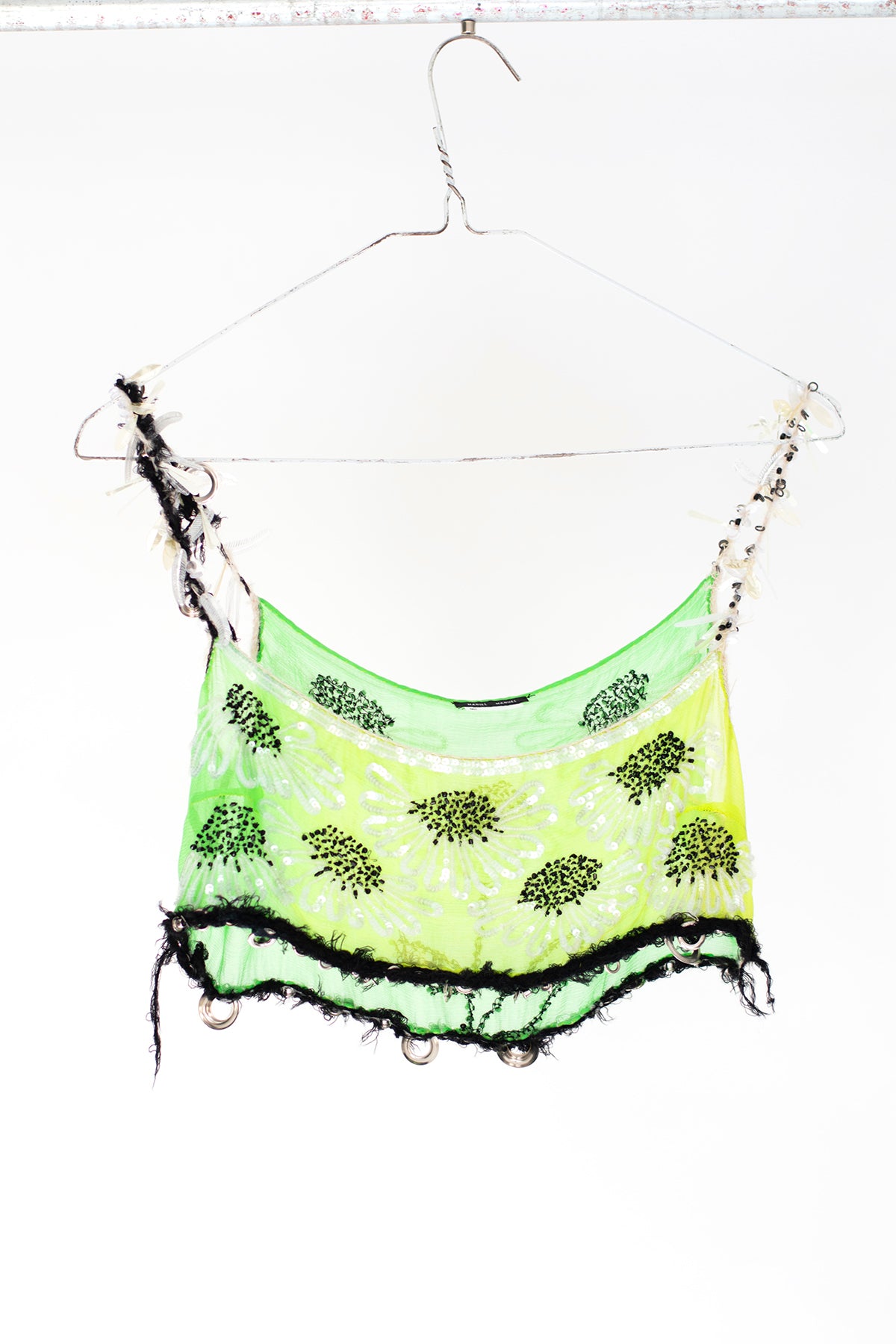 Acid green silk chiffon multi sequin flower embroidered brassière