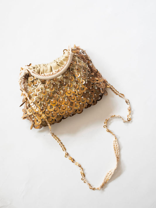 Golden brass hand embroidered mini bag, one of a kind